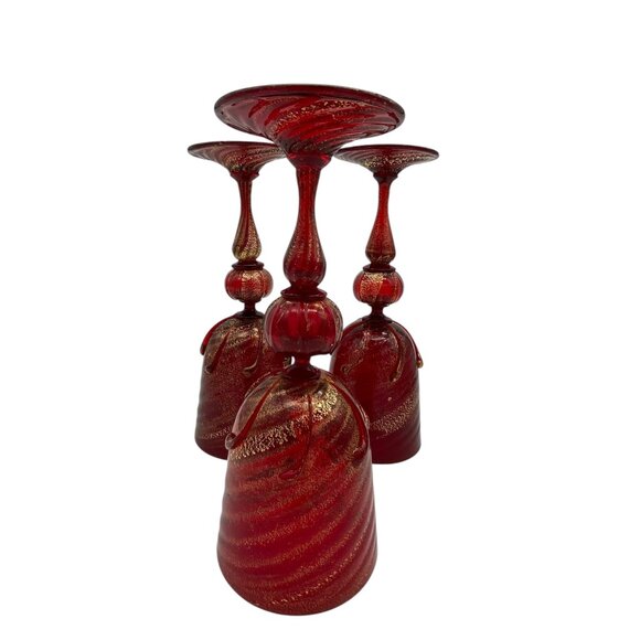 Venetian Vintage Murano Gold Infused Ruby Red Goblets Set of three - Picture 2 of 8